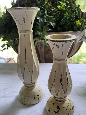The Spring Shop Distressed Cream Wooden Candle Holders - Pair
